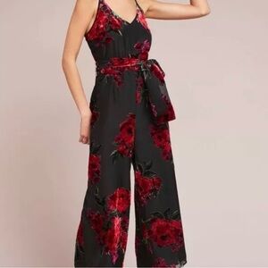 Ett:twa by Anthropologie Black Floral Velvet Wide Leg Jumpsuit Women’s Size M